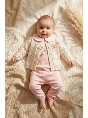 Hoppa Flora Soft Touch Kız Bebek 3'lü Takım - Jakarlı Hırka, Bebe Yaka Çiçek Nakışlı Body ve Pantolon Kom
