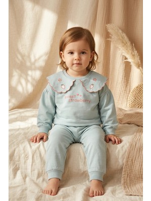 Hoppa Kız Çocuk Mint Yeşili Çilek Nakışlı Bebe Yaka Sweatshirt ve Eşofman Altı Premium Pamuklu Ikili Takı