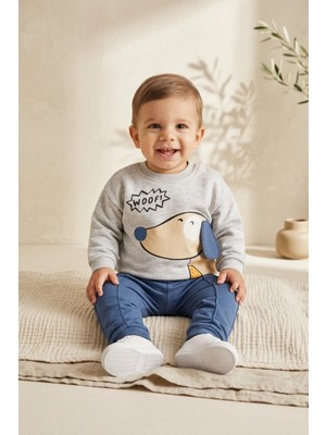 Hoppa Pawsy Cotton Köpek Figürlü 2'li Bebek Takımı - Pamuklu Gri Sweatshirt ve Lacivert Pantolon Seti