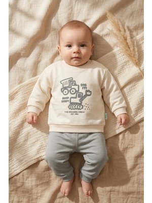 Hoppa Erkek Bebek Pamuklu Iş Makinesi Baskılı Sweatshirt ve Gri Pantolon Ikili Takım - Krem/gri