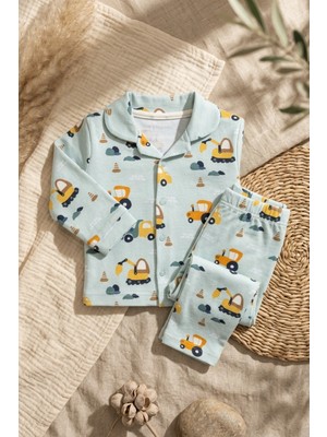 Hoppa Erkek Bebek ve Çocuk Yeşil Iş Makineleri Desenli %100 Pamuklu Düğmeli Pijama Takımı - Premium Pijam