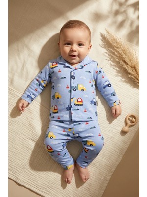 Hoppa Erkek Bebek ve Çocuk Mavi Iş Makineleri Desenli %100 Pamuklu Düğmeli Pijama Takımı - Premium Pijama