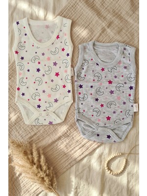 Hoppa Nova Star 2'li Paket Pamuklu Kolsuz Bebek Body Seti - Ay ve Yıldız Desenli, Ekru ve Gri Renk Seçene