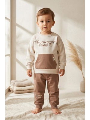 Hoppa Milo Unisex Çocuk Bej & Ekru Funny Time Ayıcık Baskılı Kanguru Cepli Sweatshirt ve Jogger Alt Üst T