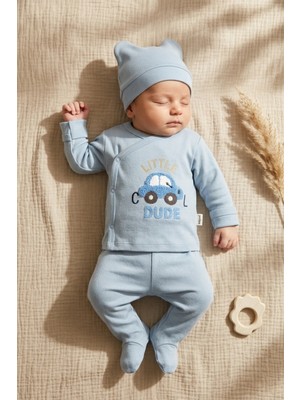 Hoppa Sage Mavi Pamuklu 3’lü Bebek Takımı - Little Cool Dude Nakışlı Kimono Üst, Patikli Alt ve Bere Seti