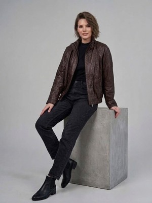 On Triko Vintage Deri Ceket Dik Yaka Cepli Bomber Model Suni Deri Mont 10707