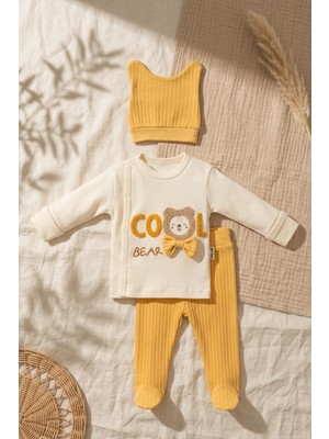 Hoppa Cool Bear Nakışlı Ribanalı Bebek Takımı - Ekru ve Sarı Renk %100 Pamuklu 3'lü Kombin