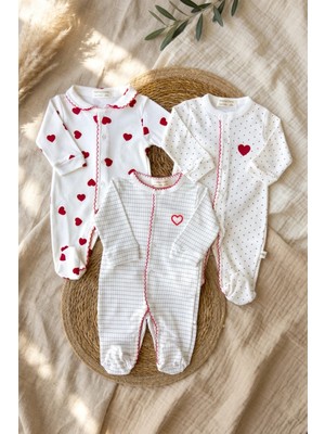 Hoppa L'amour 3'lü %100 Pamuklu Kalp Desenli Bebek Tulum Seti - Yumuşak Dokulu Yenidoğan ve Bebek Tulumu