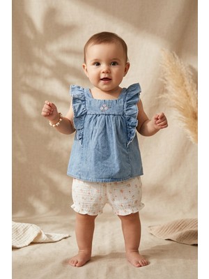 Hoppa Kız Bebek Fırfırlı Denim Elbise ve Çiçekli Müslin Bloomer Şort 2'li Takım - %100 Pamuklu Vintage St