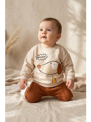 Hoppa Pawsy Cotton Köpek Figürlü 2'li Bebek Takımı - Pamuklu Krem Sweatshirt ve Kiremit Pantolon Seti