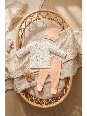 Hoppa Mila Blossom %100 Pamuklu Çiçek Desenli 3'lü Bebek Takımı - Kruvaze Üst, Patikli Pantolon ve Kulakl