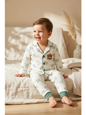 Hoppa Milo Bear Bebek ve Çocuk Fitilli Pijama Takımı - Yeşil Biyeli Ayıcık Baskılı Pamuklu Kaşkorse Takım