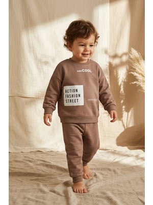 Hoppa Action Street Çocuk Unisex Kahverengi Pamuklu Oversize Sweatshirt ve Jogger Eşofman Takımı