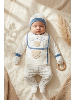 Hoppa Nuvola Teddy Ayıcık Nakışlı 5'li Bebek Hastane Çıkışı Seti - %100 Pamuk Mavi Ekose Desenli Yenidoğa