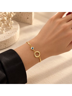Bartuva Design Gold Renk Nazar Boncuğu ve Halka Detaylı Kadın Bileklik