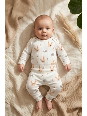 Hoppa Mia Bunny %100 Pamuklu Fitilli Kız Bebek Takımı - Somon Tavşan Desenli Uzun Kollu Zıbın ve Tayt Set