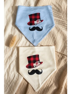 Hoppa Little Man Baskılı 2'li Erkek Bebek Bandana Fular Seti - %100 Yumuşak Pamuk, Mavi ve Krem Kombinli