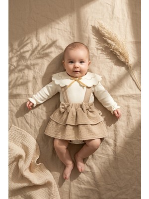 Hoppa Kız Bebek Kahve Müslin Salopet Etek ve Fisto Yakalı Body Kombini - Vintage Stil Şık Bebek Takımı