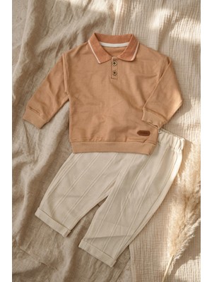 Hoppa Nora Bebek & Çocuk Pastel Polo Yaka Pamuklu Sweatshirt ve Fitilli Pantolon Ikili Takım - Krem ve Ka