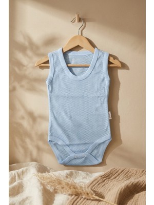 Hoppa Jakarlı Nefes Alan Mavi %100 Pamuklu Askılı Bebek Body - Boho Stil Organik Dokulu Yazlık Zıbın