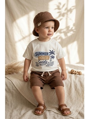 Hoppa Erkek Çocuk Kahve Müslin Şortlu 3'lü Takım - Summer House Baskılı Pamuklu Tişört & Bucket Şapka Set