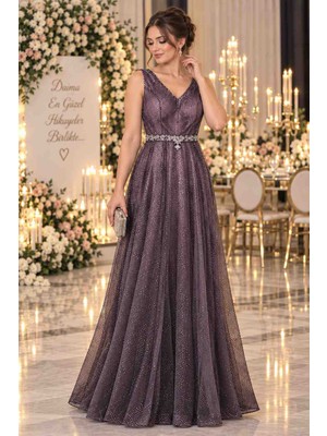 Gül&Can Butik 💜 Mor Işıltılı Taş Detaylı Abiye Elbise