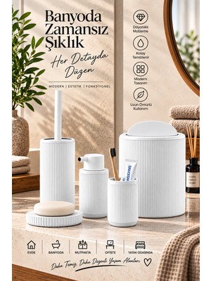 Mecra Life Mega Boy 8 Litre 5 Parça Banyo Seti – Çöp Kovası, Tuvalet Fırçası, Sıvı Sabunluk, Diş Fırçalık ve Katı Sabunluk