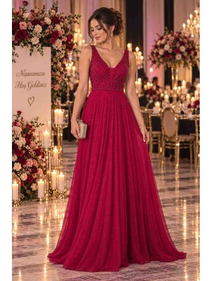 Gül&Can Butik ❤️ Kırmızı Taş Işlemeli Abiye Elbise