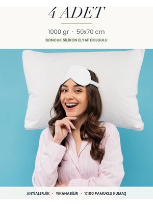 Binna Soft Comfort Touch 4 Adet 1000 gr Boncuk Silikon Elyaf Dolgulu Yastık 50X70 cm Antialerjik Yıkanabilir Otel Yastığı Seti