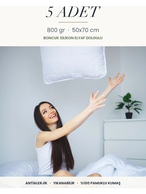 Binna Soft Eco 5 Adet 800 gr Boncuk Silikon Elyaf Dolgulu Yastık 50X70 cm Antialerjik Yıkanabilir Otel Yastığı Seti