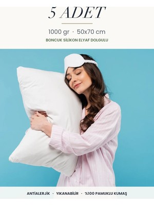 Binna Soft Comfort Touch 5 Adet 1000 gr Boncuk Silikon Elyaf Dolgulu Yastık 50X70 cm Antialerjik Yıkanabilir Otel Yastığı Seti