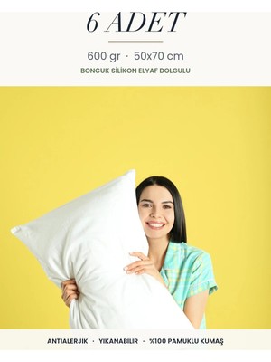 Binna Soft Eco 6 Adet 600 gr Boncuk Silikon Elyaf Dolgulu Yastık 50X70 cm Antialerjik Yıkanabilir Otel Yastığı Seti