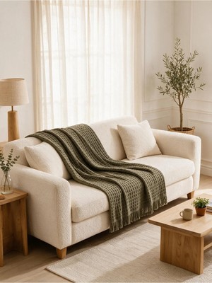 Binna Soft Koltuk Örtüsü 200X240 cm Püsküllü Çok Amaçlı Koltuk Şalı - Haki Petek