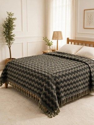 Binna Soft Çift Kişilik Yatak Örtüsü 200X240 cm Püsküllü Çok Amaçlı Pike - Antrasit Haki