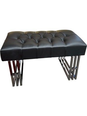 Siyah Deri Kapitoneli Krom Ayaklı Lüks Bench / Puf
