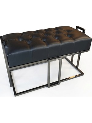 Siyah Deri Kapitoneli Kulplu Lüks Bench / Puf