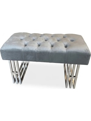 Gri Kadife Kapitoneli Krom Ayaklı Lüks Bench / Puf