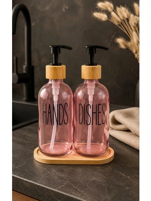 Azesur Bambu Stantlı Pembe 2'li Cam Sıvı Sabunluk Seti 350ML-PEMBE