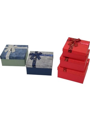Varsoph 3pcs Kare Çizgili Mix Renkli Karton Hediye Kutusu Kurdelalı 19-17-15CM (5468)