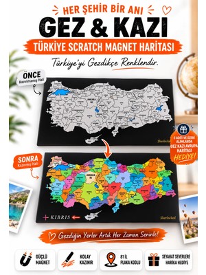 Sherlocked Gez Kazı Magnet Türkiye Haritası 10x15 cm | Kolay Kazınabilir Scratch Map | Buzdolabı Magneti | Seyahat Hediyesi | Harita | Travel