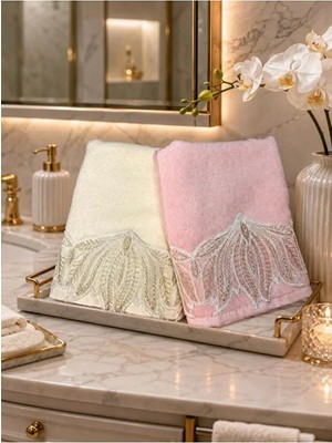 iselahome Cerenna Kadife Havlu Takımı Krem&pudra -El&yüz Havlu Seti 50&90