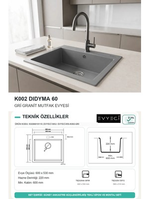 Güney Ankastre Realstone K002 Dıdyma 60 60 × 53 cm Gri Granit Evye + Güçlendirilmiş Tek Giderli Sifon ve Montaj Seti
