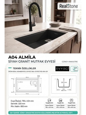 Güney Ankastre Realstone A04 Almıla 75,5 × 42,4 cm Siyah Granit Evye + Güçlendirilmiş Tek Giderli Sifon ve Montaj Seti