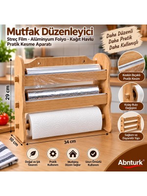 Abnturk Ahşap 3'lü Folyoluk Streçlik ve Kağıt Havluluk-Mutfak Düzenleyici Organizer