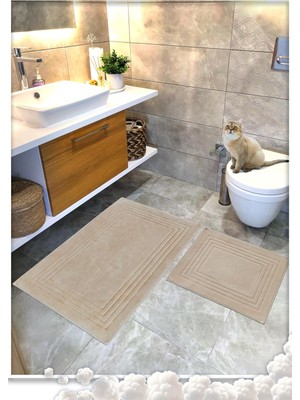 Cottoncrafty %100 Pamuk Dokuma Su Emici Banyo Paspas Seti, Banyo Halısı Vera 2 Li Set 60X100-60X50