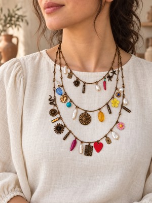 Bohem ( Chakra - Çakra ) Renkli Charm Ultra Detaylı 3’lü Kolye Seti 45+5 / 50+5 / 55+5 cm 316L Paslanmaz Çelik
