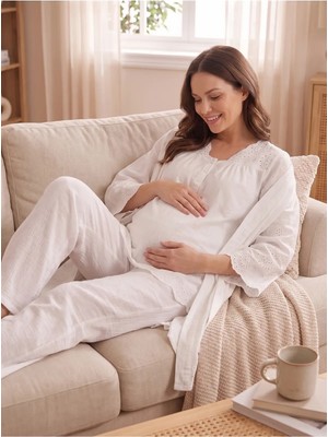 Hafsara Kadın Fisto Keten Sabahlıklı Lohusa Hamile Pijama Takımı 3'lü Set