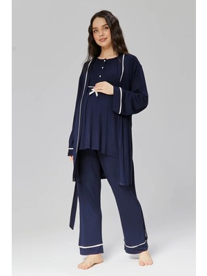 Hafsara %100 Pamuklu Sabahlıklı Biye Geçişli Lohusa Pijama Takımı