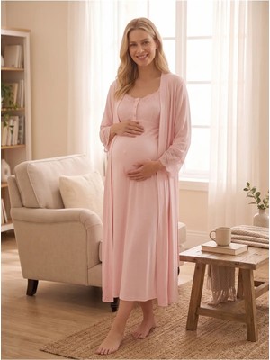 Hafsara Pembe Dantelli Lohusa Gecelik ve Sabahlık Takımı