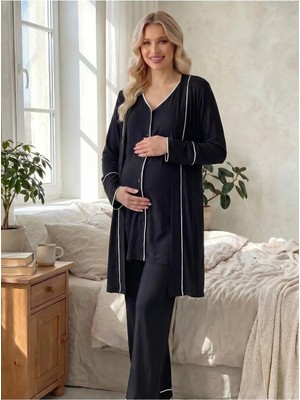 Hafsara Yeni Sezon Yumuşak Dokulu Önden Düğmeli Sabahlıklı Lohusa Pijama Takımı